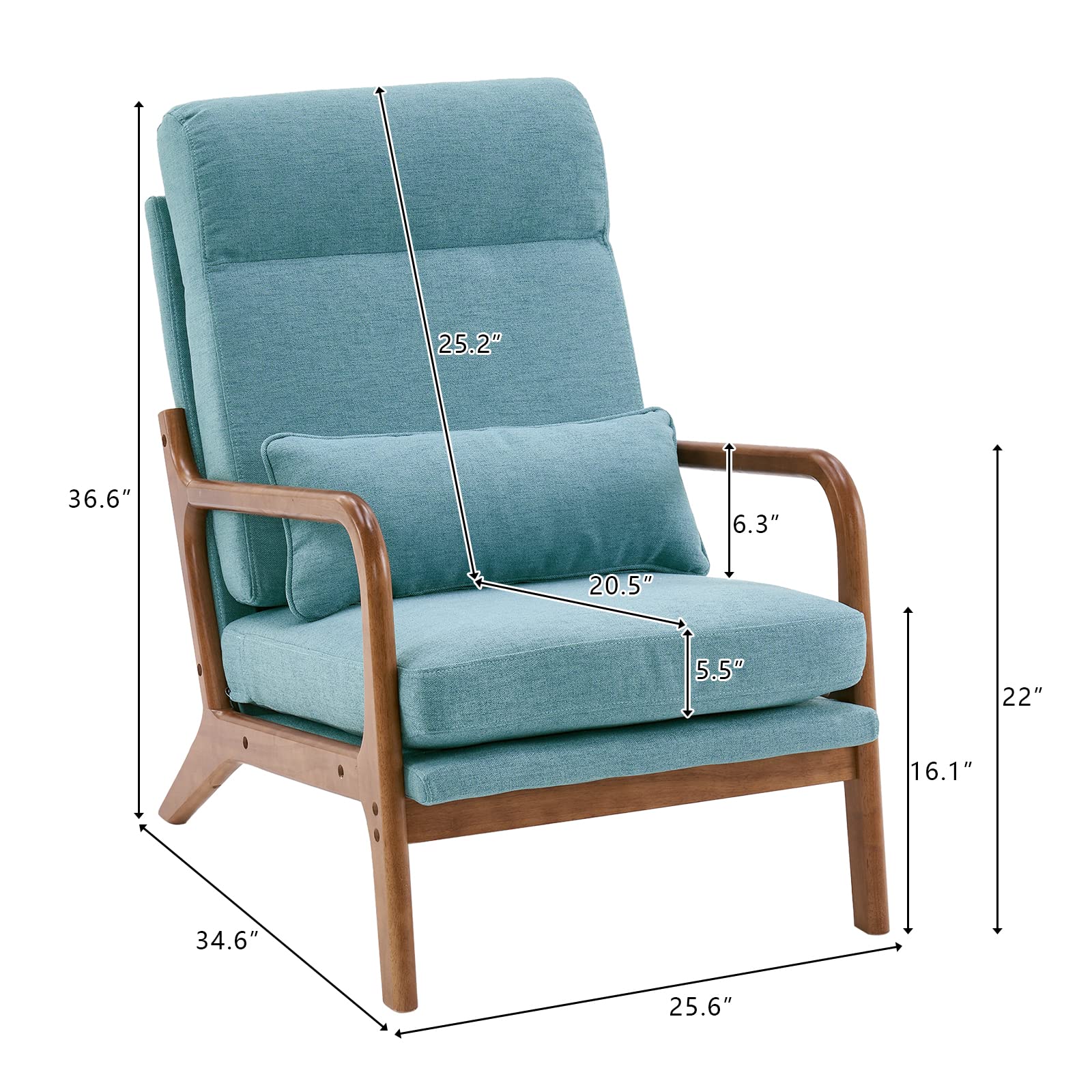 High Back LinenTeal Mid Century Modern Accent Chair, Soild Wood Padding Lounge Armchairs Side Sitting Chairs for Living Room, Bedroom, Guest Room