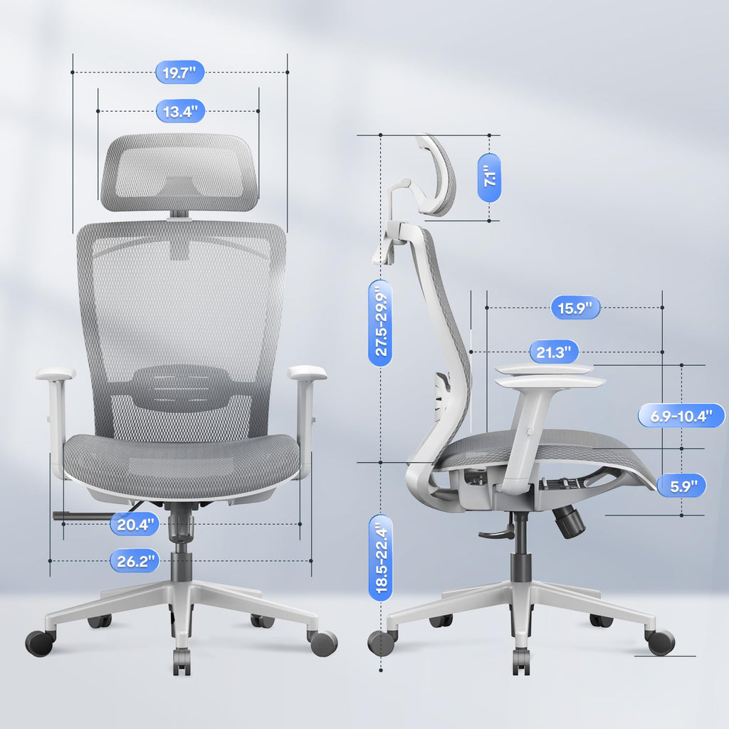 Ergonomic Office Chair Mesh Back Swivel Computer Chair Executive Office Desk Chairs with Adjustable Lumbar Support/2D Headrest/Lockable Backrest, Light Gray