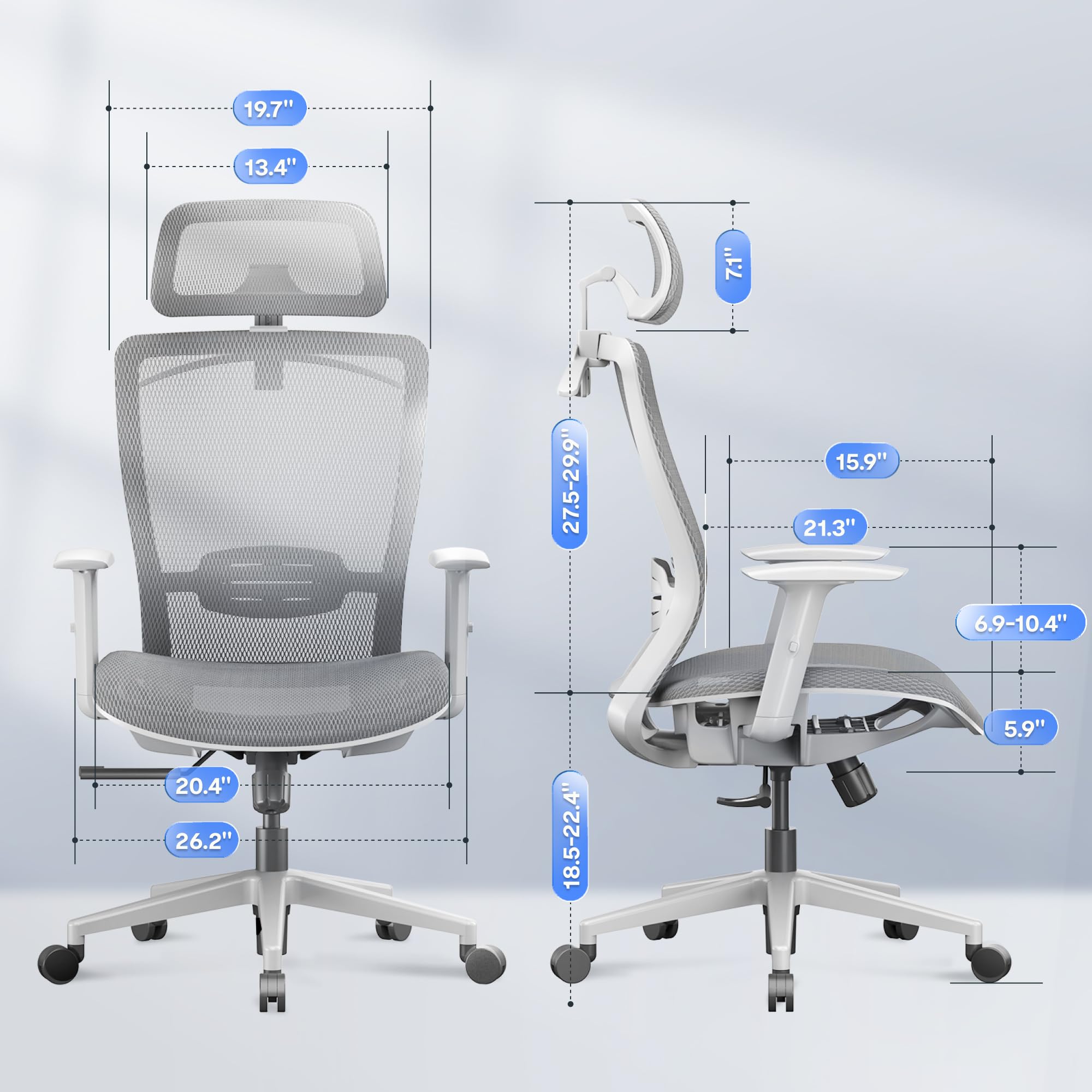 Ergonomic Office Chair Mesh Back Swivel Computer Chair Executive Office Desk Chairs with Adjustable Lumbar Support/2D Headrest/Lockable Backrest, Light Gray