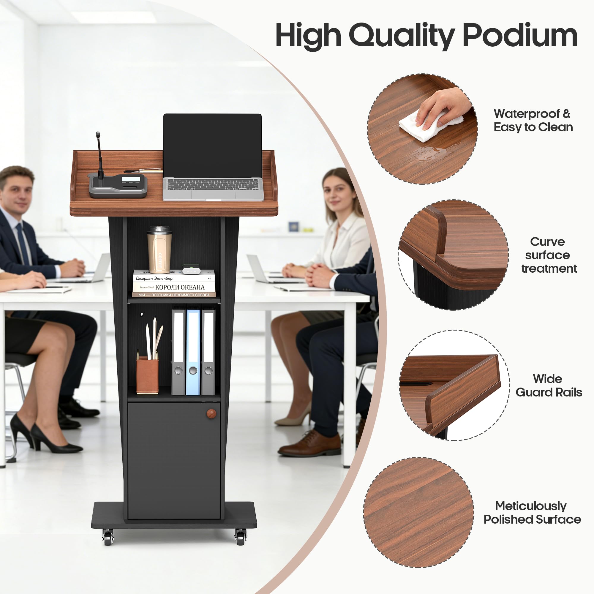 15° Tilted Podium Stand with Storage & Lockable Wheels, Wooden Lectern with Adjustable Shelf, Mobile Portable Pulpit for Classroom, Church, Office (Black Brown)