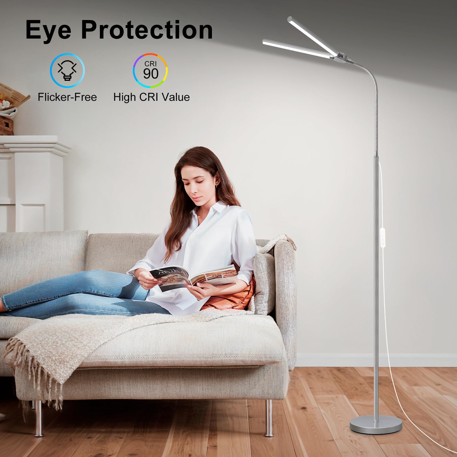 Bright Floor Lamp, 18W/2000LM Silver LED Floor Lamp with Double Head, Adjustable Gooseneck Dimmable Craft Light for Sewing Tatoo Puzzle，Eye Caring Reading Lamps for Living Room Bedroom Office