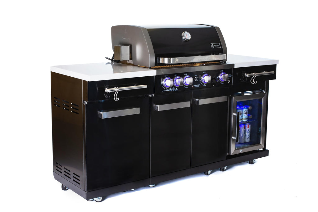 Premium 70"W x 24"D Black Stainless Steel Compact Outdoor Kitchen Island with Refrigerator + 32"W 4-Burner BBQ Grill with Infrared Rotisserie Burner + Storage Cabinets + Granite Countertops