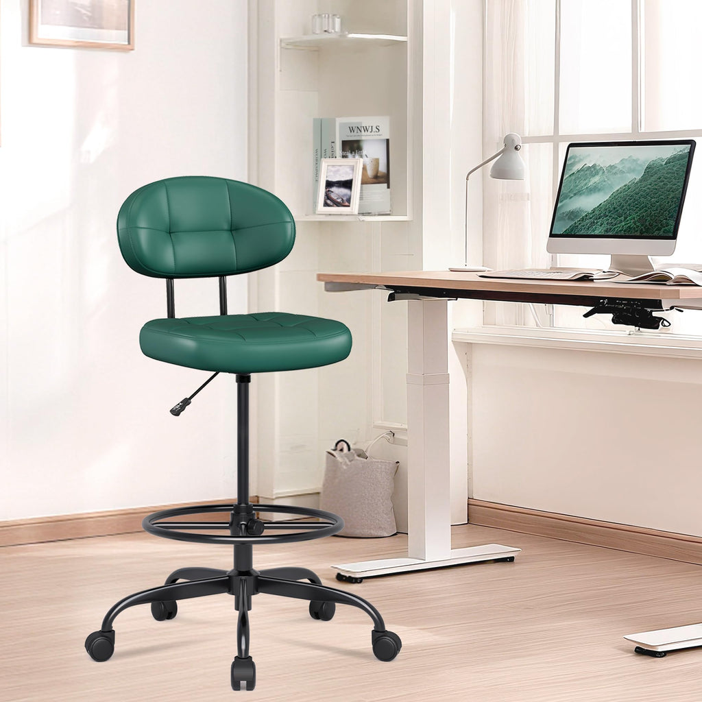 Drafting Chair, Armless Tall Office Chair with Footrest Ring for Standing Desk, Small Faux Leather Executive Computer Chair with Adjustable Height for Bar Lab Counter Height Desk, Green