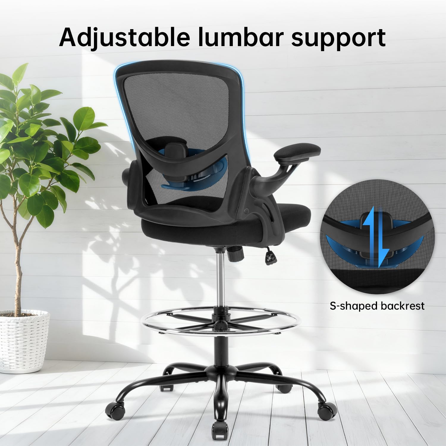 Drafting Chair Ergonomic Computer Standing Desk Chair with Flip-Up Arms and Lumbar Support, Tall Office Chair with Adjustable Footrest, Stool Counter Height Office Chairs Black