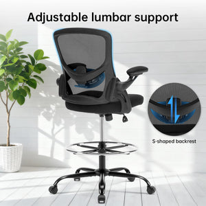 Drafting Chair Ergonomic Computer Standing Desk Chair with Flip-Up Arms and Lumbar Support, Tall Office Chair with Adjustable Footrest, Stool Counter Height Office Chairs Black