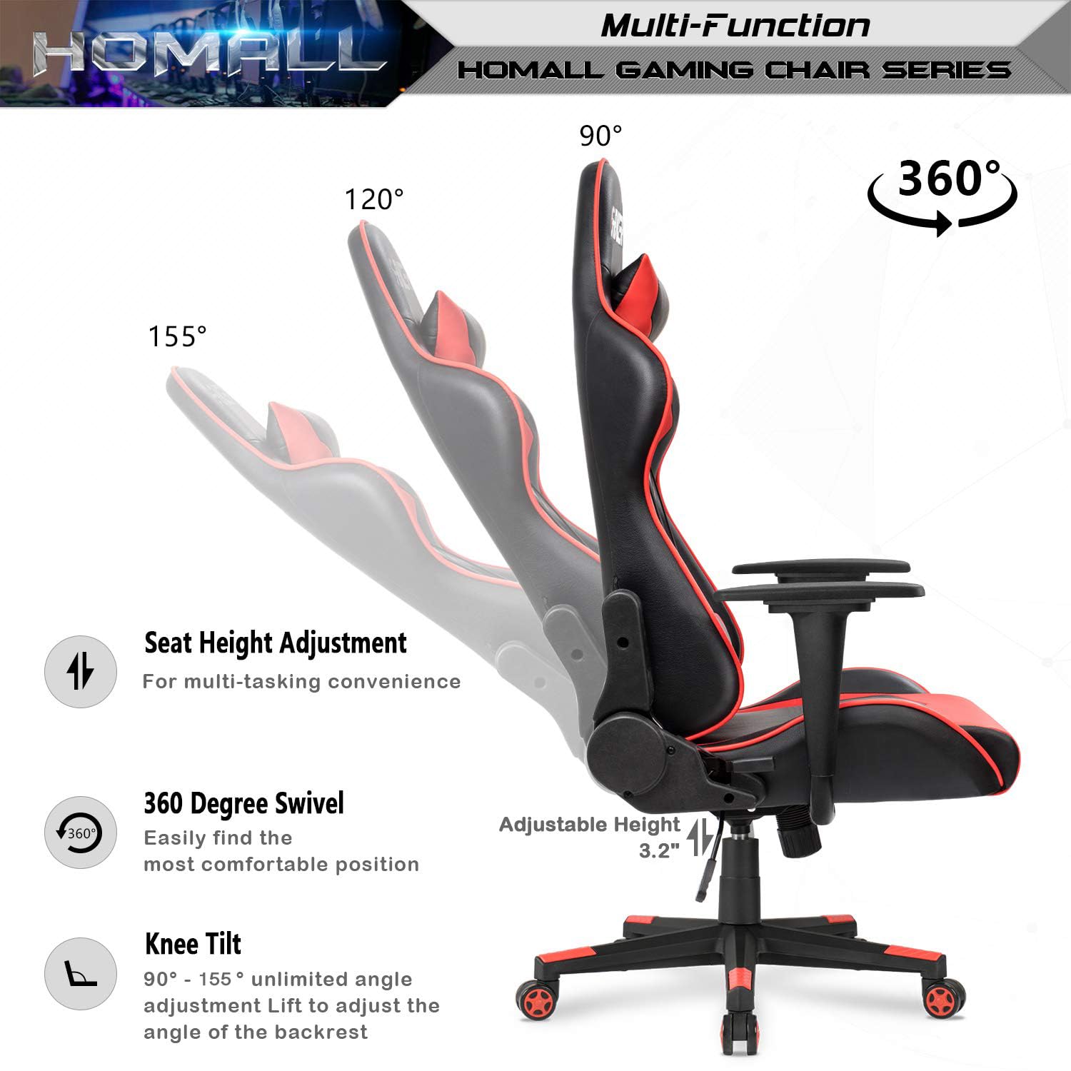 Gaming Chair, Office Chair High Back Computer Chair Leather Desk Chair Racing Executive Ergonomic Adjustable Swivel Task Chair with Headrest and Lumbar Support (Red)