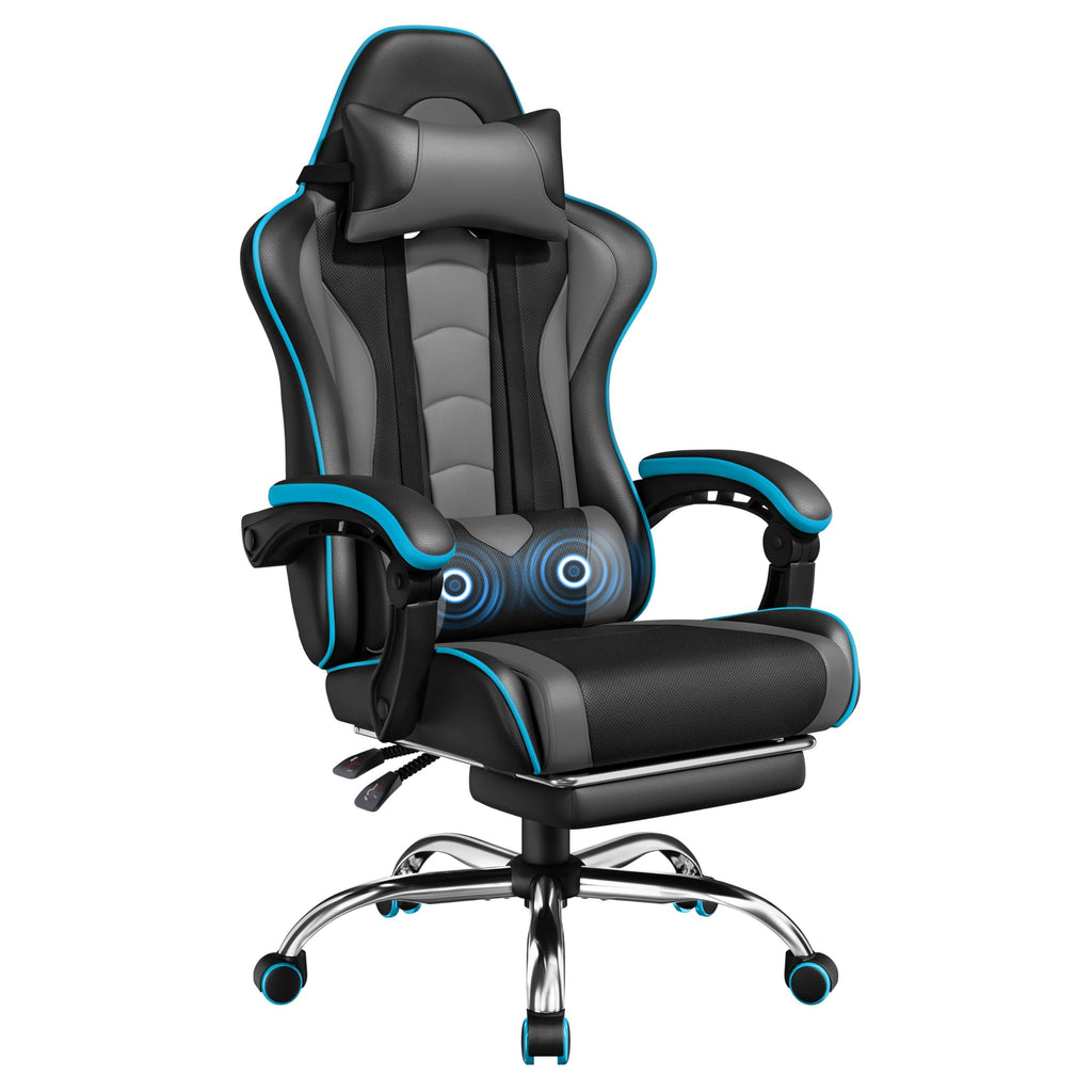 Gaming Chair, Video Game Chair with Massage Lumbar Support and Footrest Height Adjustable Ergonomic Computer Chair with Swivel Seat and Headrest, Black/Gray