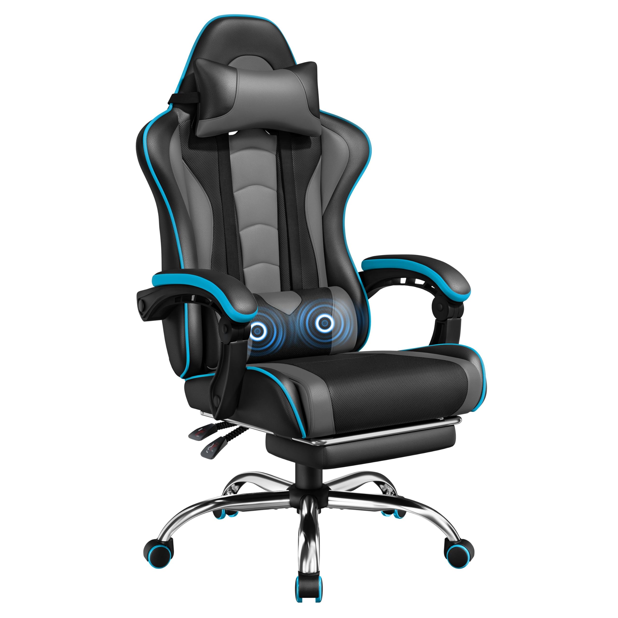 Gaming Chair, Video Game Chair with Massage Lumbar Support and Footrest Height Adjustable Ergonomic Computer Chair with Swivel Seat and Headrest, Black/Gray