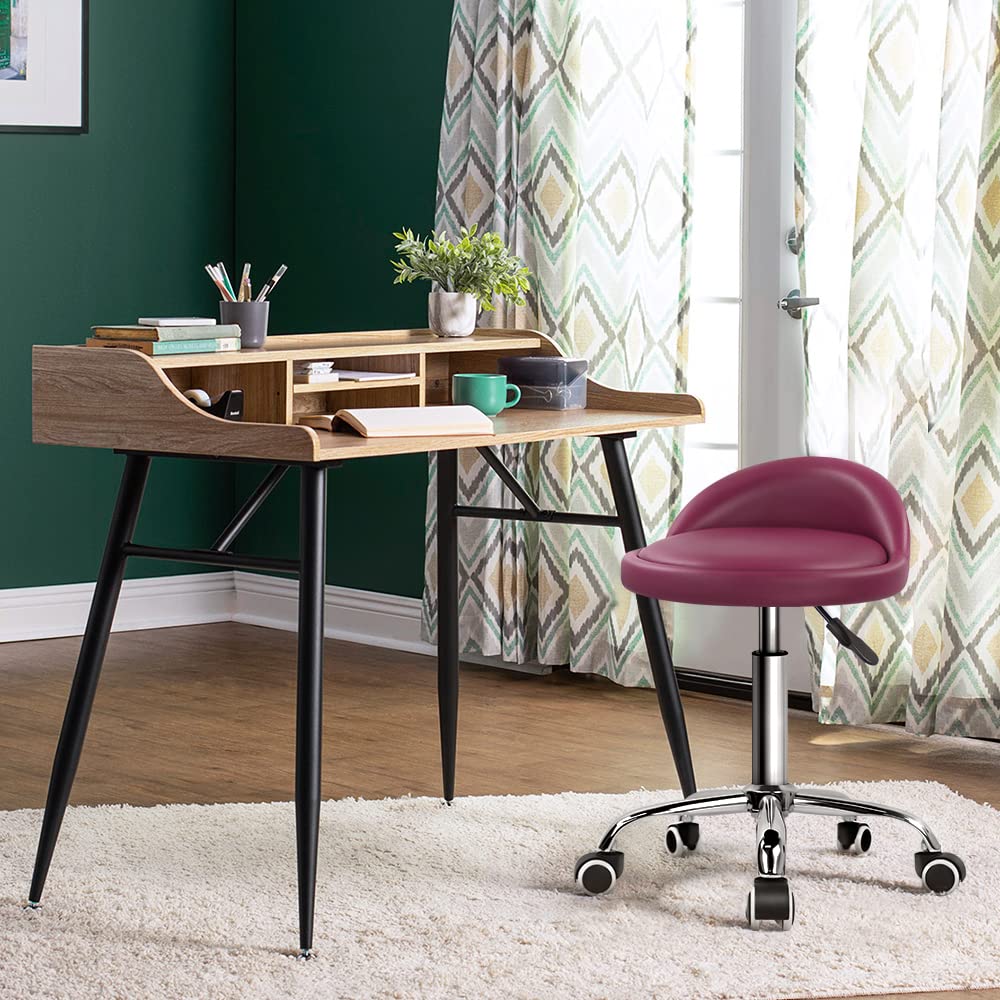 PU Leather Round Rolling Stool with Back Rest Height Adjustable Swivel Drafting Work SPA Medical Task Chair with Wheels (Rose red)
