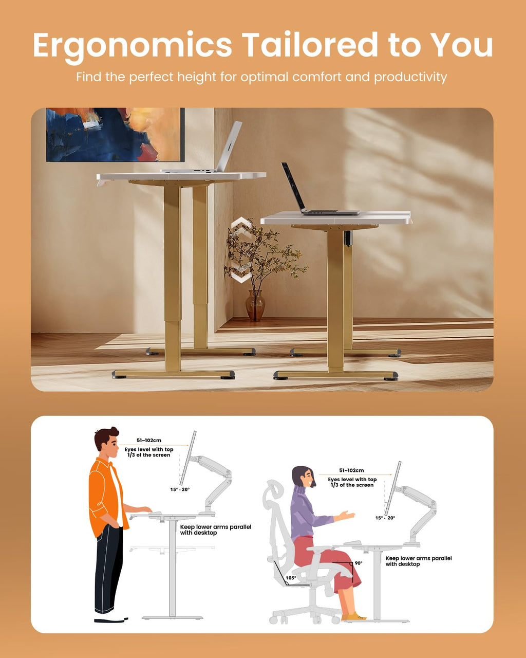 Height Adjustable Electric Standing Desk, 32 x 19 Inches Sit Stand up Desk, Memory Computer Home Office Desk, White+Gold