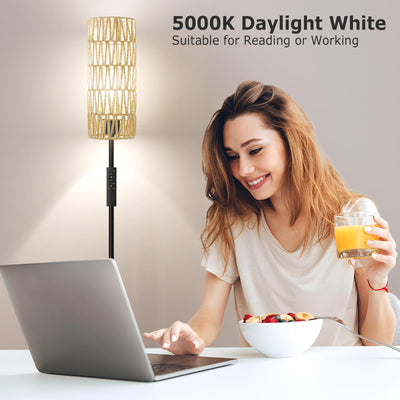 64'' Floor Lamps for Living Room with Remote Control and Stepless Dimmable Colors Temperature & Brightness, Boho Black Standing Lamp with Beige Rattan Shade
