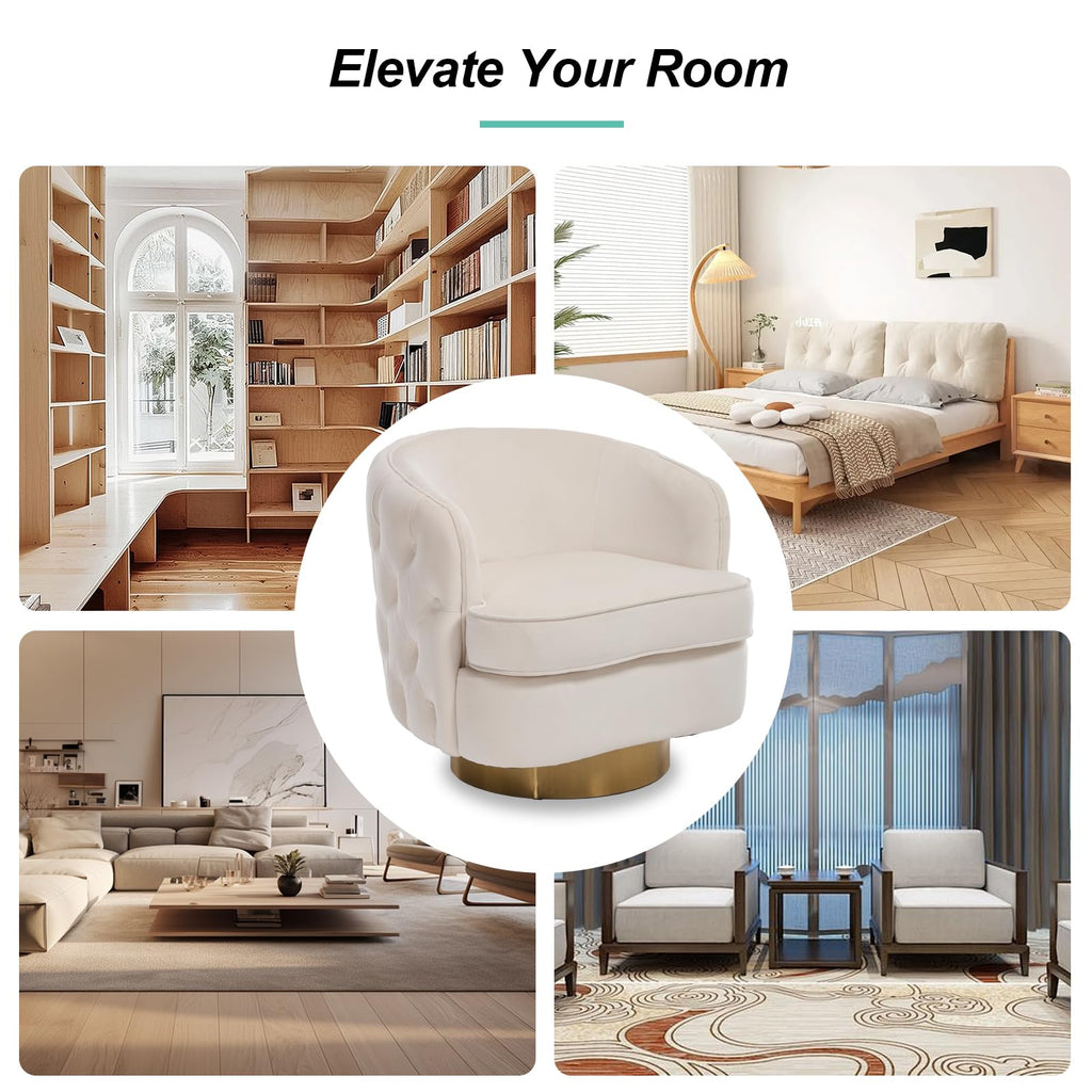 Modern Accent Chair, Swivel Barrel Armchair for Living Room, Button Tufted Velvet Comfy Chairs, Round Upholstered Single Sofa Seating with Gold Base, White