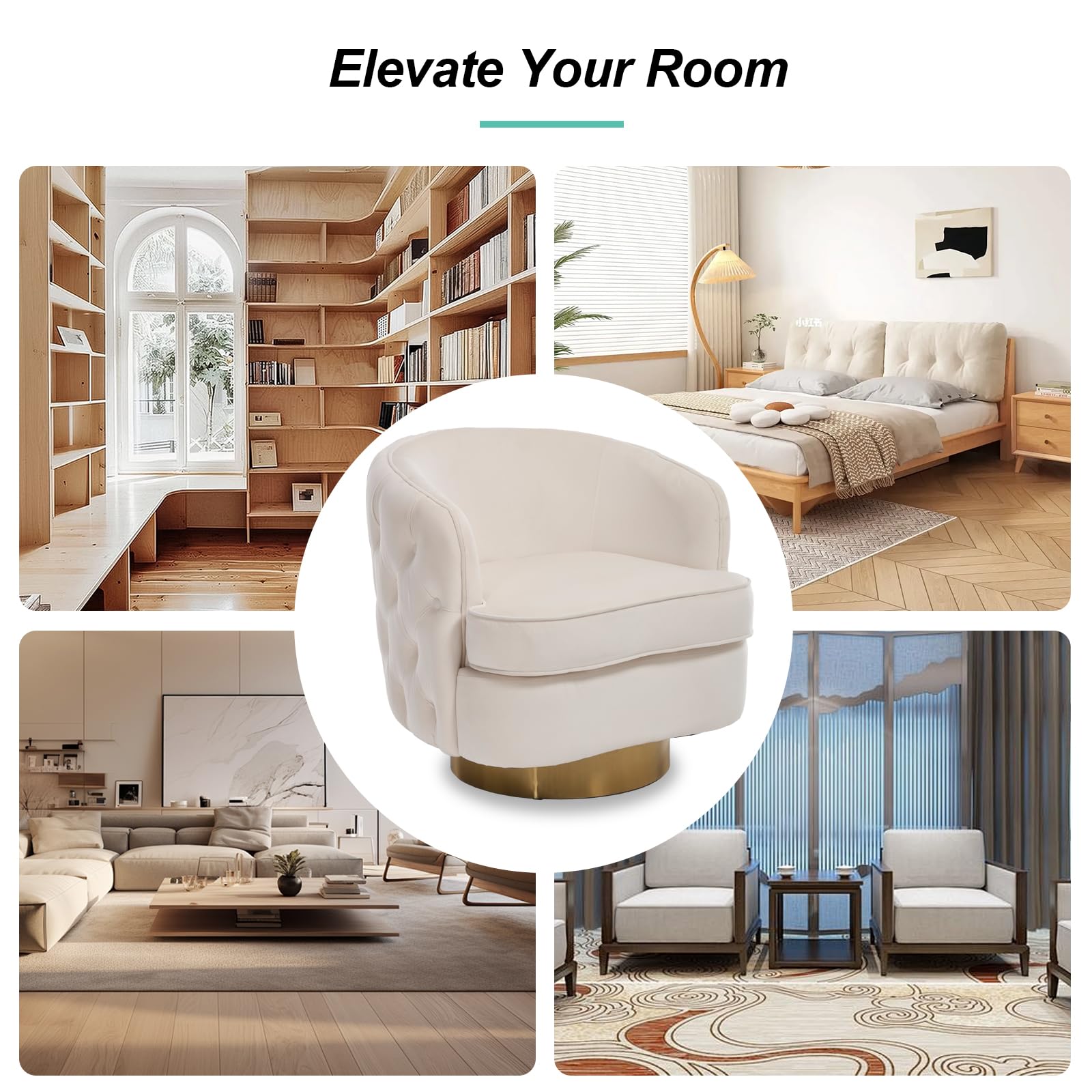 Modern Accent Chair, Swivel Barrel Armchair for Living Room, Button Tufted Velvet Comfy Chairs, Round Upholstered Single Sofa Seating with Gold Base, White