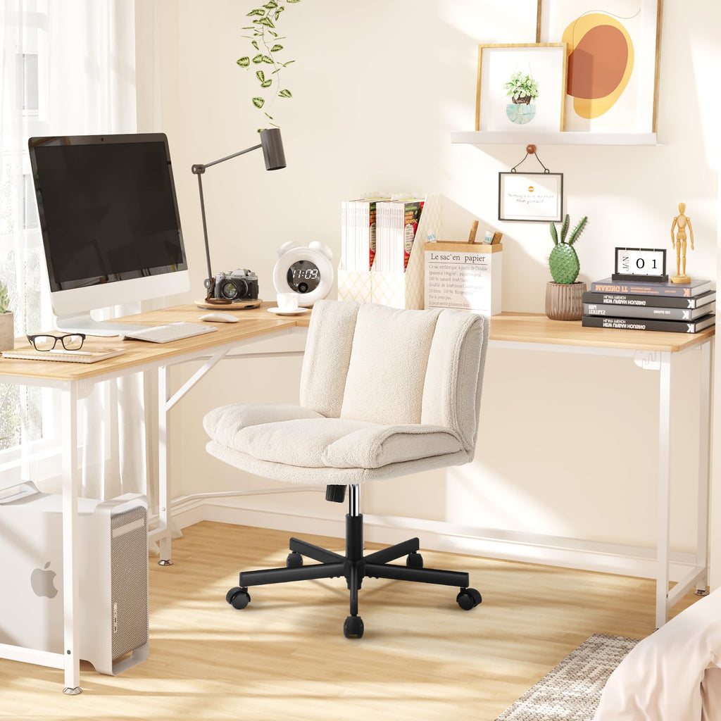 Criss Cross Chair with Wheels, Armless Makeup Chair with Wide Furry Seat, Height-Adjustable Vanity Chair, Convertible Between Fixed & Swivel Casters Office Chair Cross-Legged Chair - Cream