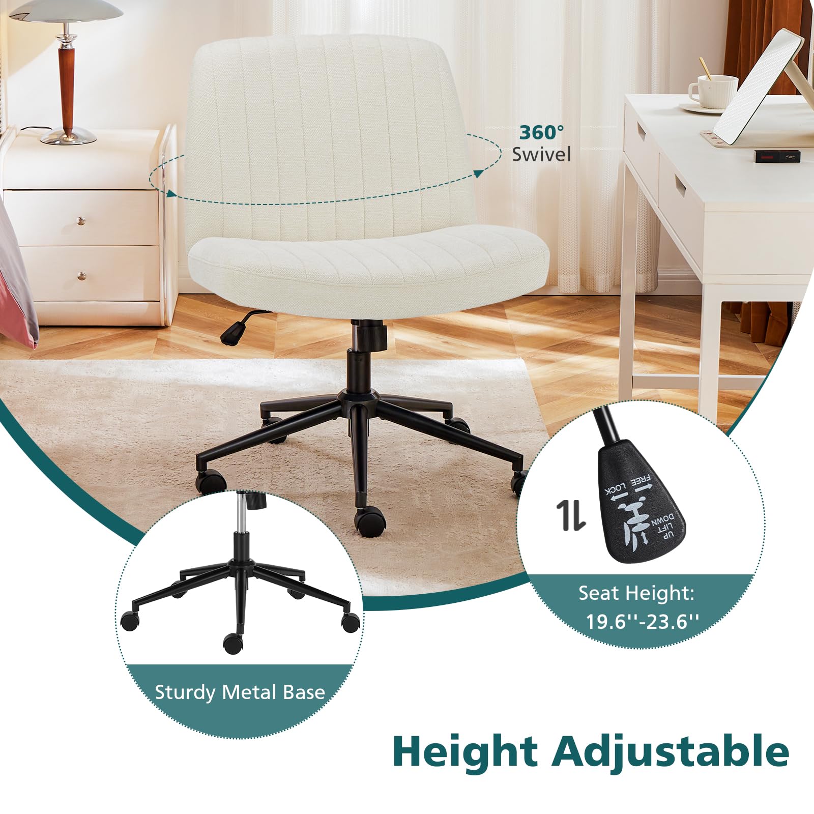 Criss Cross Chair with Wheels Wide Cross Legged Office Desk Vanity Chair Comfy Fabric Armless Adjustable Swivel for Home Computer Task Fabric Beige