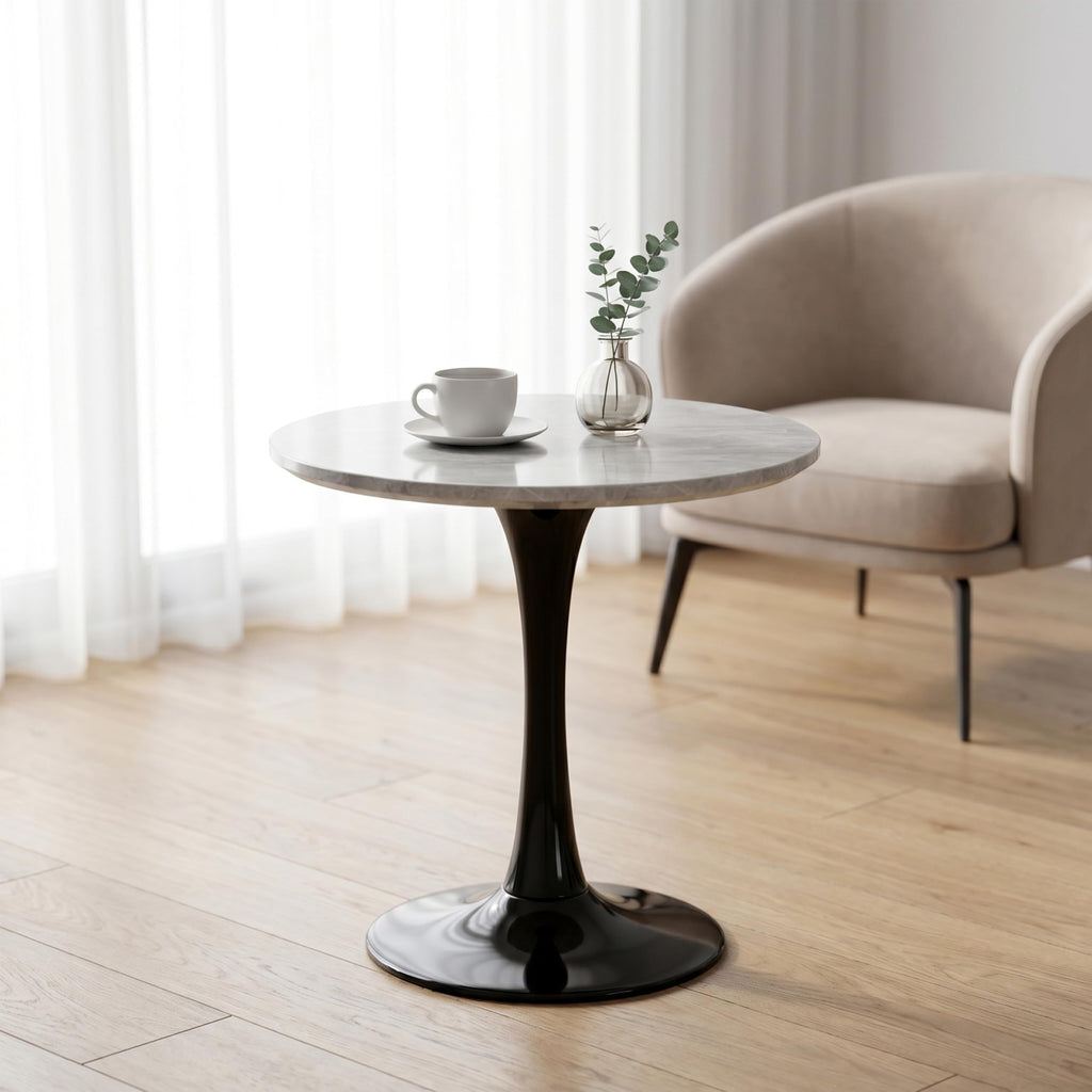 27.6" Marble Round Tulip Table, Mid-Century Modern Style Dining Table with Black Pedestal Base for 2-4 People, Featuring A Marble Tabletop for Kitchen, Dining Room, Cafe (Light Grey)