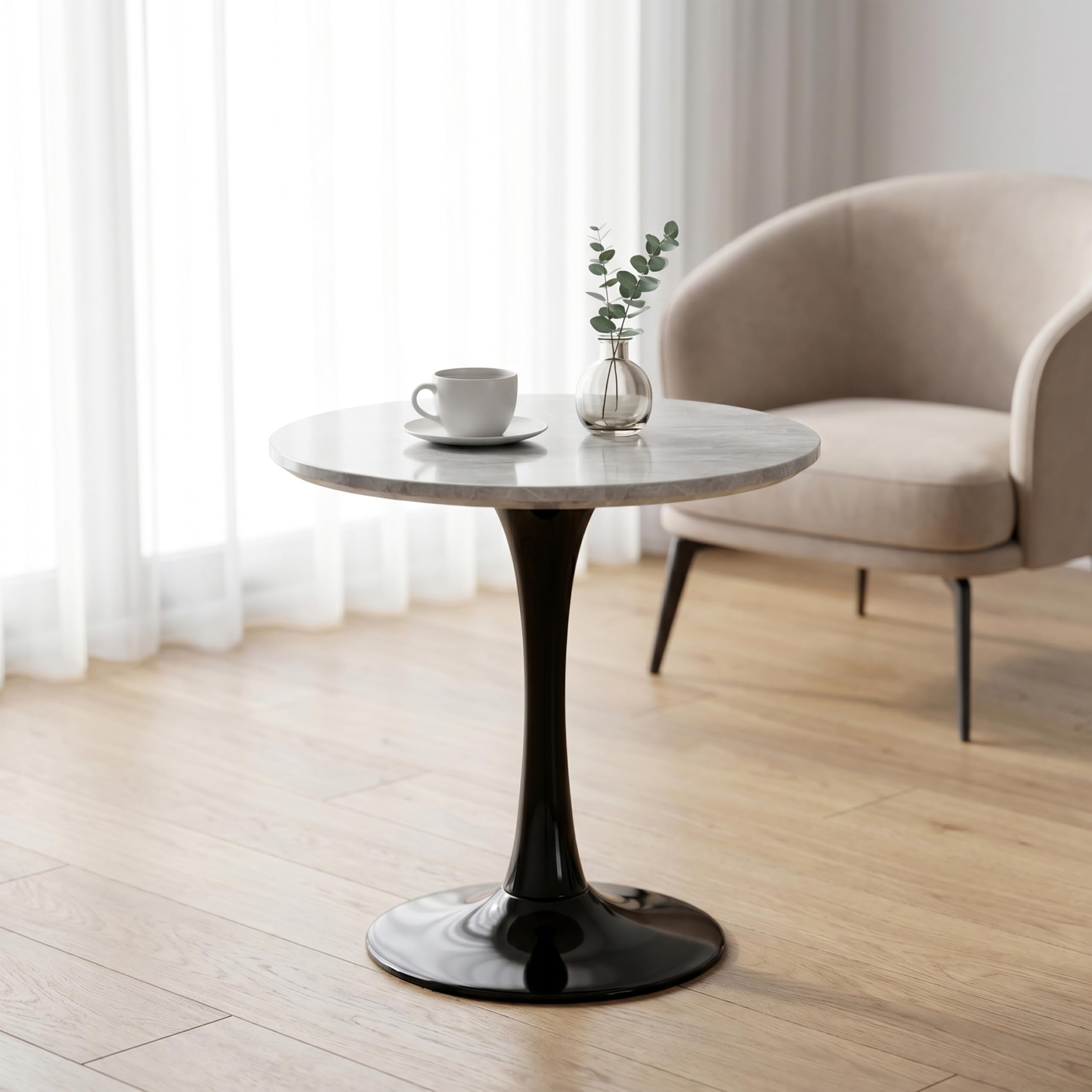 27.6" Marble Round Tulip Table, Mid-Century Modern Style Dining Table with Black Pedestal Base for 2-4 People, Featuring A Marble Tabletop for Kitchen, Dining Room, Cafe (Light Grey)