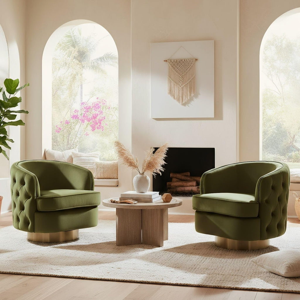 Set of 2 Modern Accent Chairs, Swivel Barrel Armchairs for Living Room, Button Tufted Velvet Comfy Chair, Round Upholstered Single Sofa Seating with Gold Base, Green