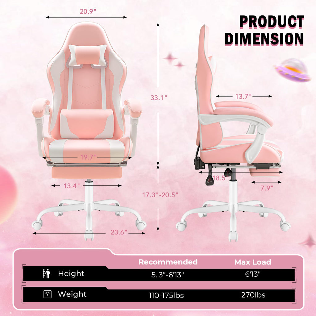 Gaming Chair, Video Game Chair with Footrest and Massage Lumbar Support, Ergonomic Computer Chair Height Adjustable with Swivel Seat and Headrest (Pink)