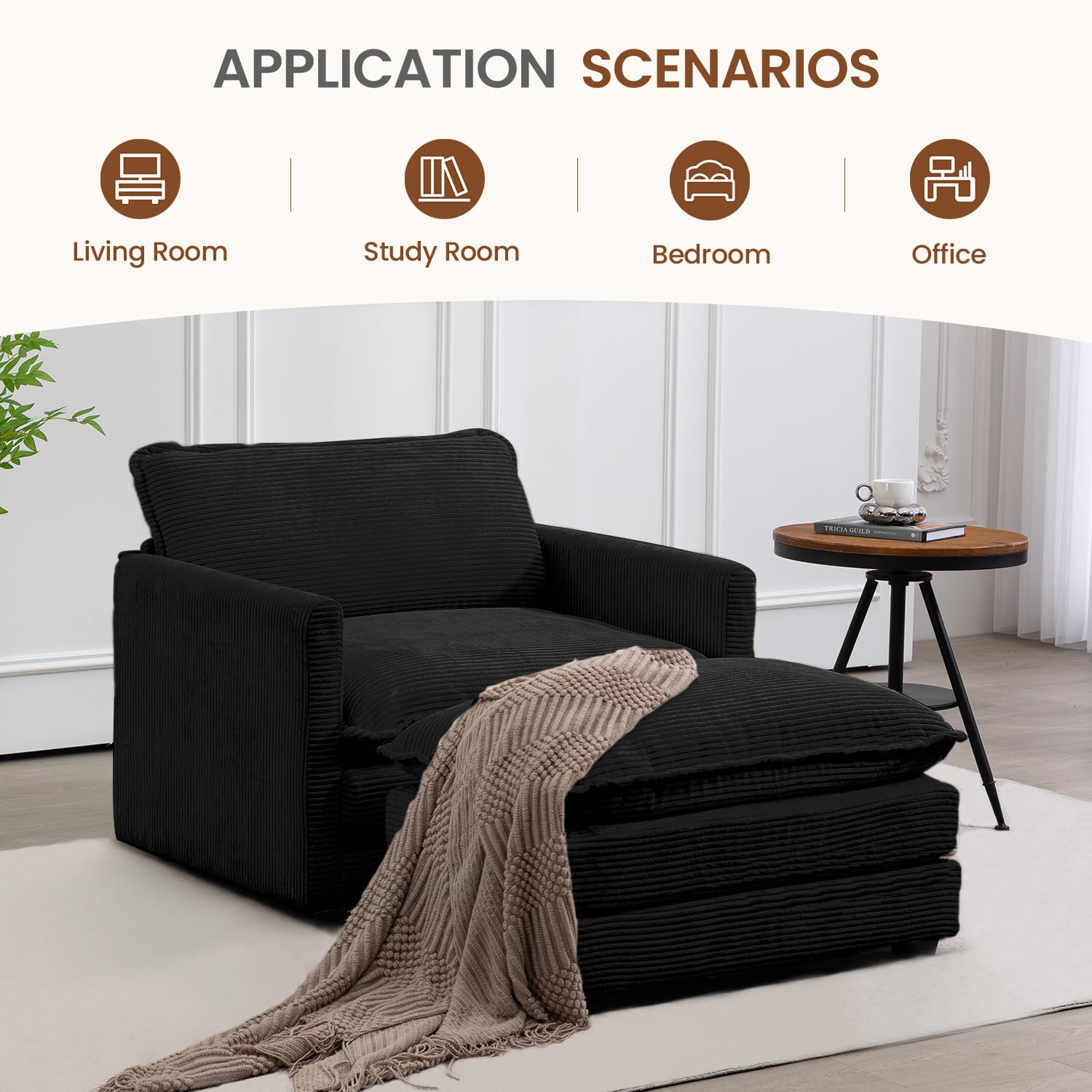 Single Armchair with Ottoman, Modern Corduroy Cloud Couch with Convertible Chaise, Upholstered Sofa Set for Living Room, Black