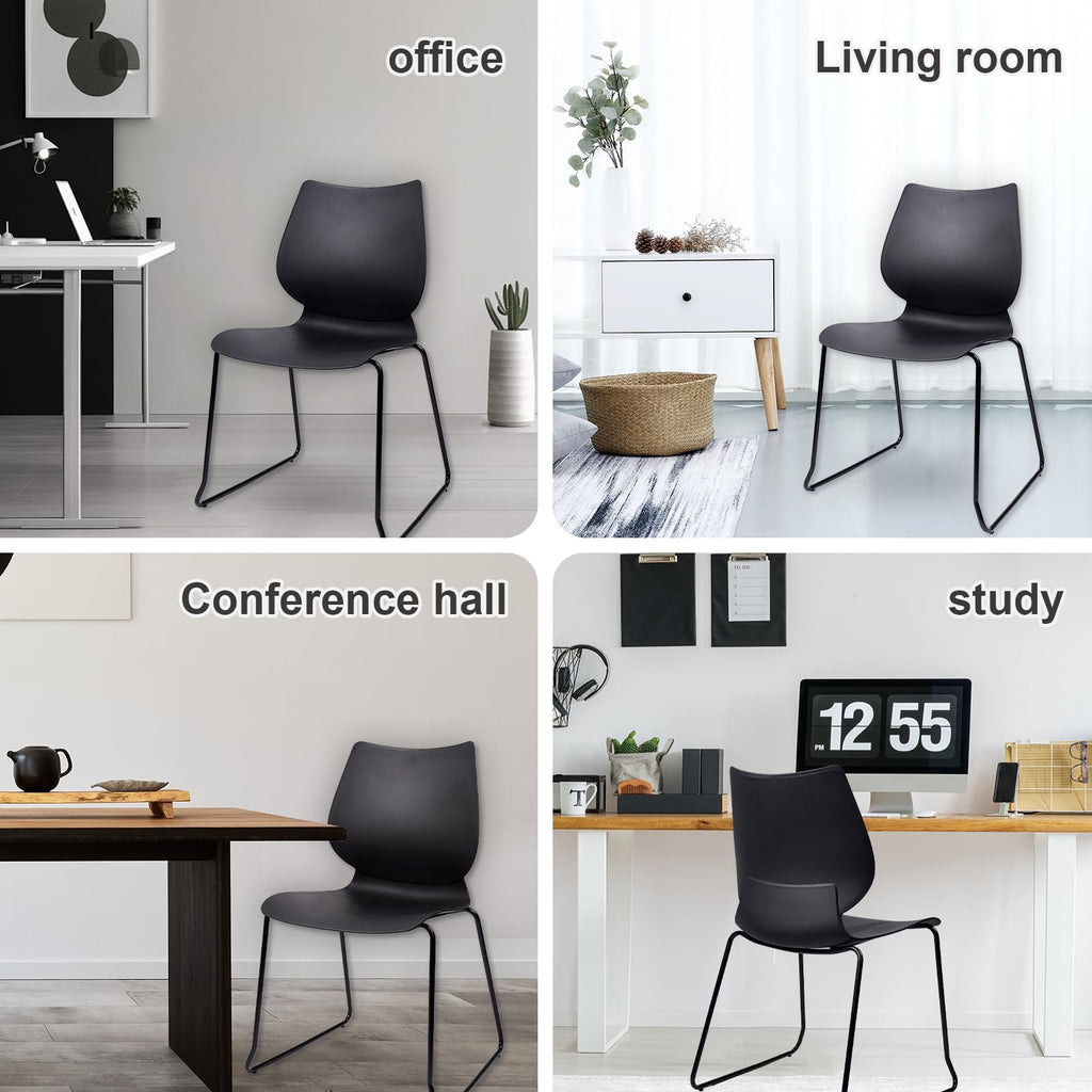 Set of 12, Black, Stackable Waiting Room Chair, Stacking Office Chair with Ergonomic Lumbar Support and Metal Legs, Plastic Desk Chairs for Conference School Church Guest Reception