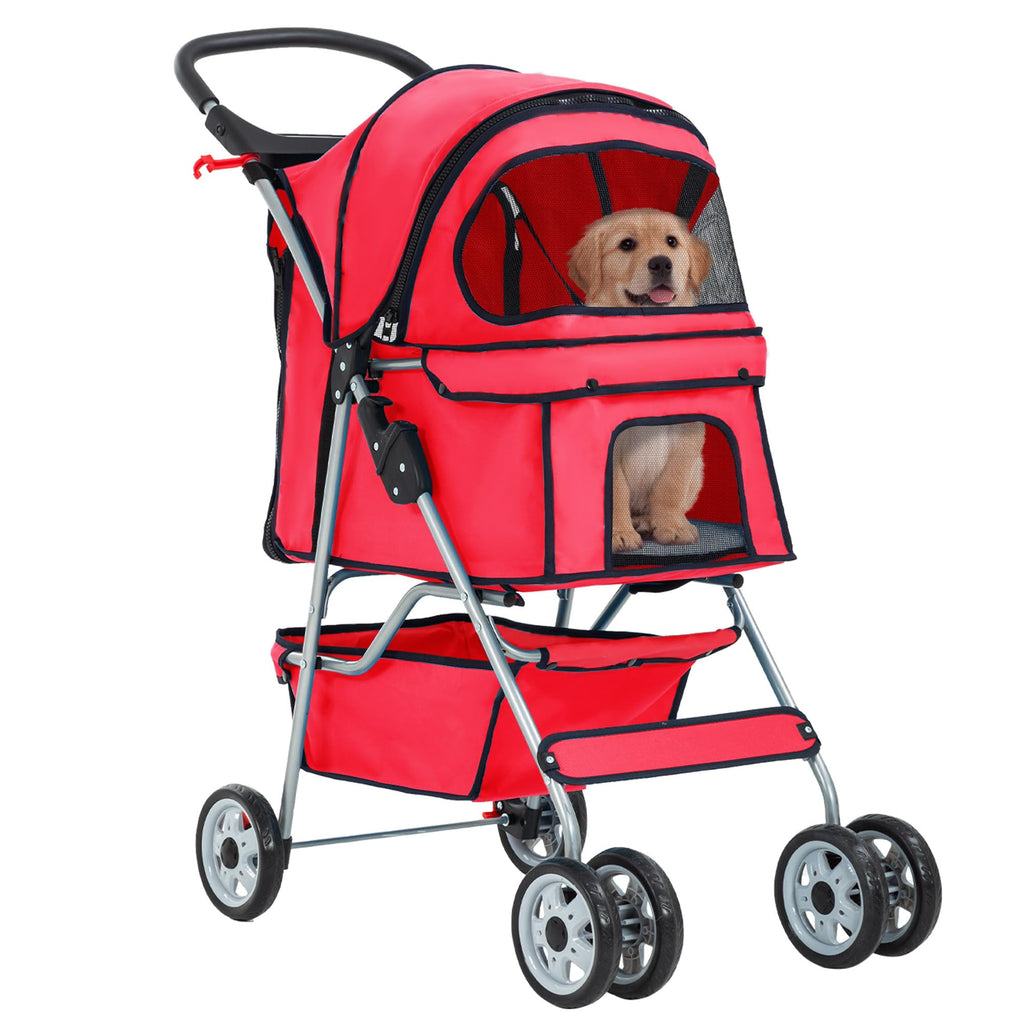 Pet Stroller 4-Wheel Dog Cat Stroller Travel Folding Carrier Puppy Stroller with Cup Holder and Removable Liner for Small Medium Dogs Cats, Red