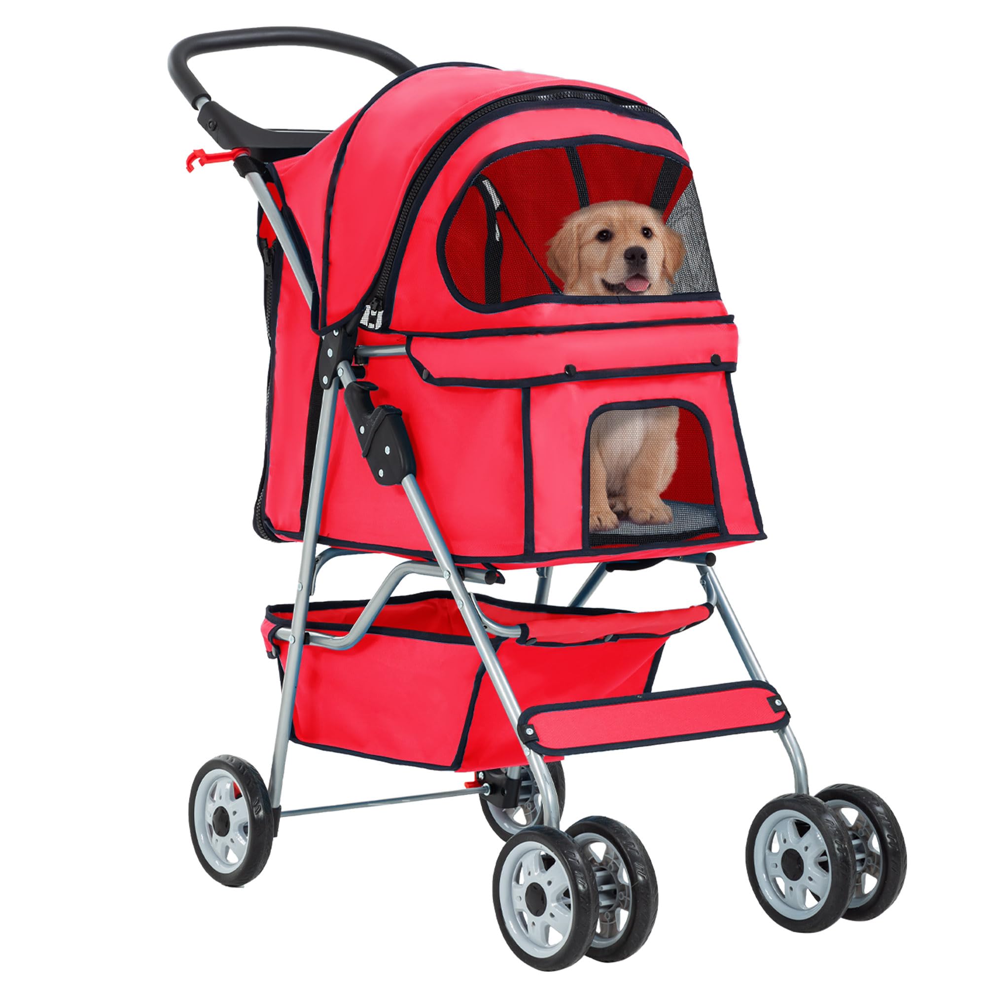 Pet Stroller 4-Wheel Dog Cat Stroller Travel Folding Carrier Puppy Stroller with Cup Holder and Removable Liner for Small Medium Dogs Cats, Red