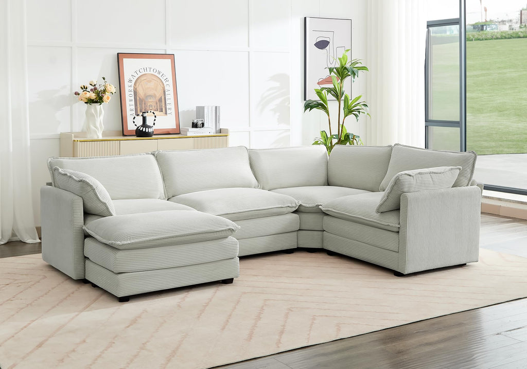 113'' Sectional Cloud Couch, 5 Seater Modular Corner L Shape Sofa Big Comfy Corduroy Oversized Couch with 2 Pillows Movable Ottoman, Deep Seat Sectional Couches for Living Room Office Light Grey