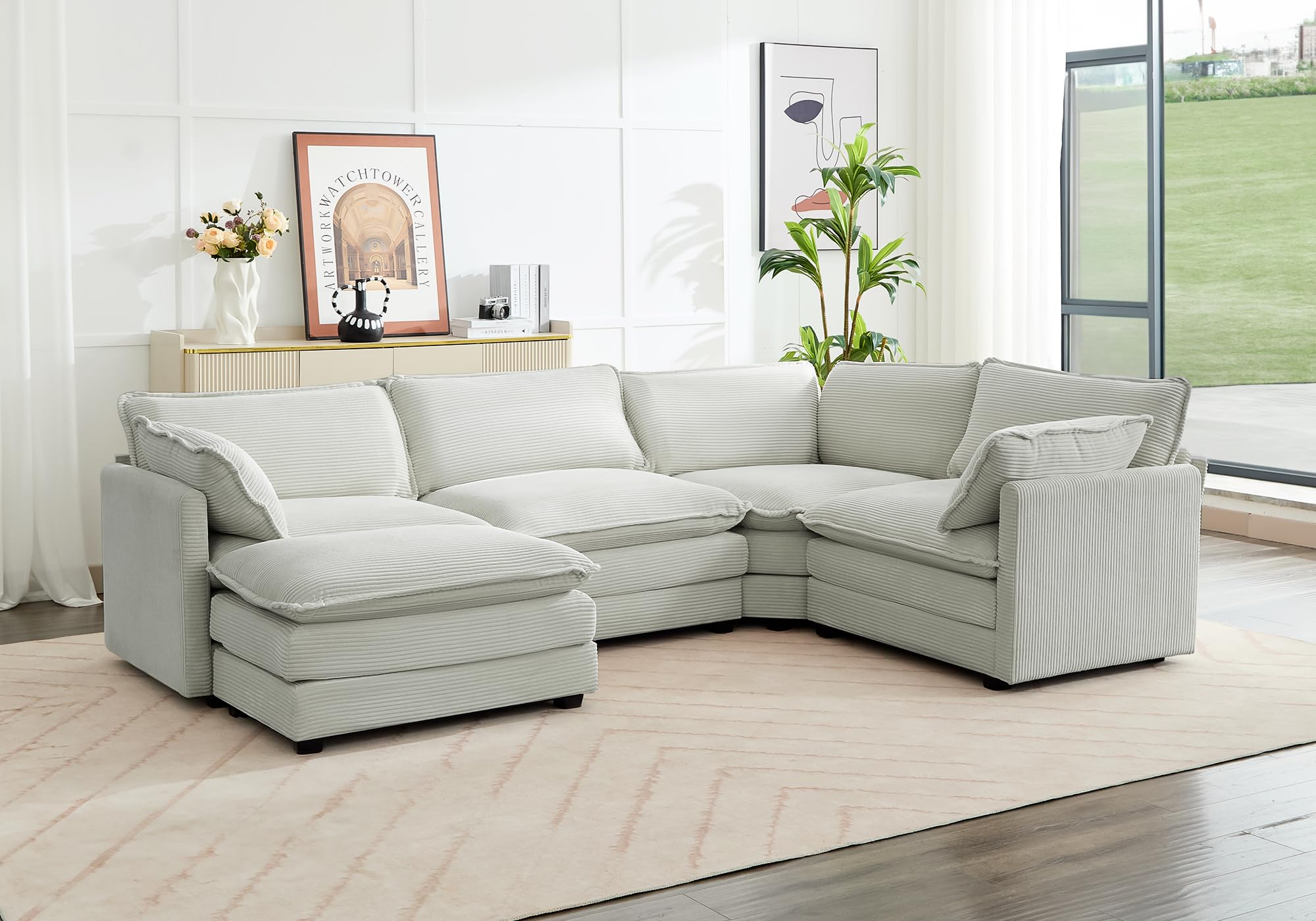113'' Sectional Cloud Couch, 5 Seater Modular Corner L Shape Sofa Big Comfy Corduroy Oversized Couch with 2 Pillows Movable Ottoman, Deep Seat Sectional Couches for Living Room Office Light Grey