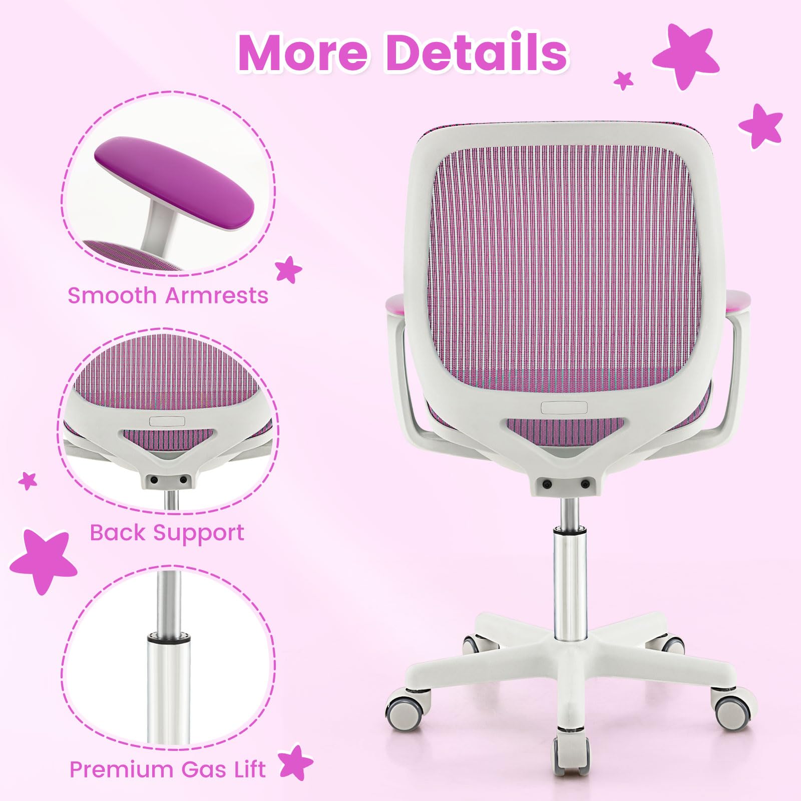 Kids Desk Chair, Height Adjustable Children Study Computer Chair with Armrests, Sit-Brake Casters, Swivel Mesh Task Chair for Boys Girls Teens Students, Kids Chair for Home, Office (Purple)