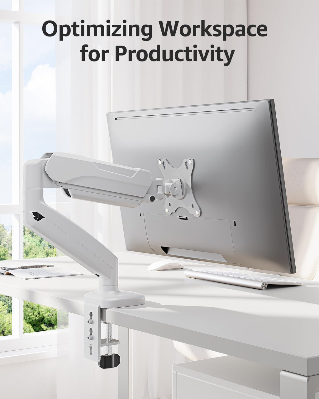 Single Monitor Desk Mount Holds Screen up to 32 inch, Height Adjustable Monitor Arm, Full Motion Computer Monitors Stand with Clamp/Grommet Base, VESA Mounts Fit 4.4-17.6lbs Computer, White