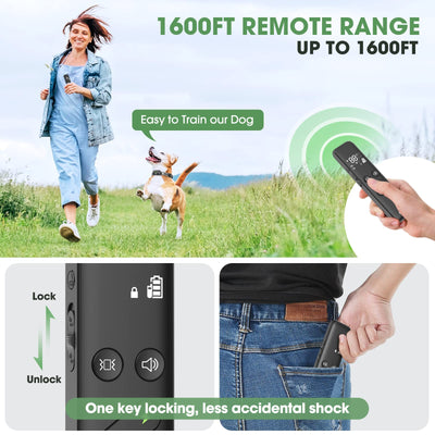 Dog Shock Collar - Electric Dog Training Collar with Remote 1600FT, Rechargeable E-Collar Waterproof Collars with 3 Training Modes, Security Lock for All Breeds, Sizes