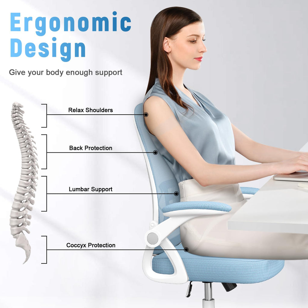 Office Chair, Desk Chair with Adjustable Height, Flip-Up Arms and Lumbar Support, Mid-Back Breathable Mesh Home Office Chair, Blue