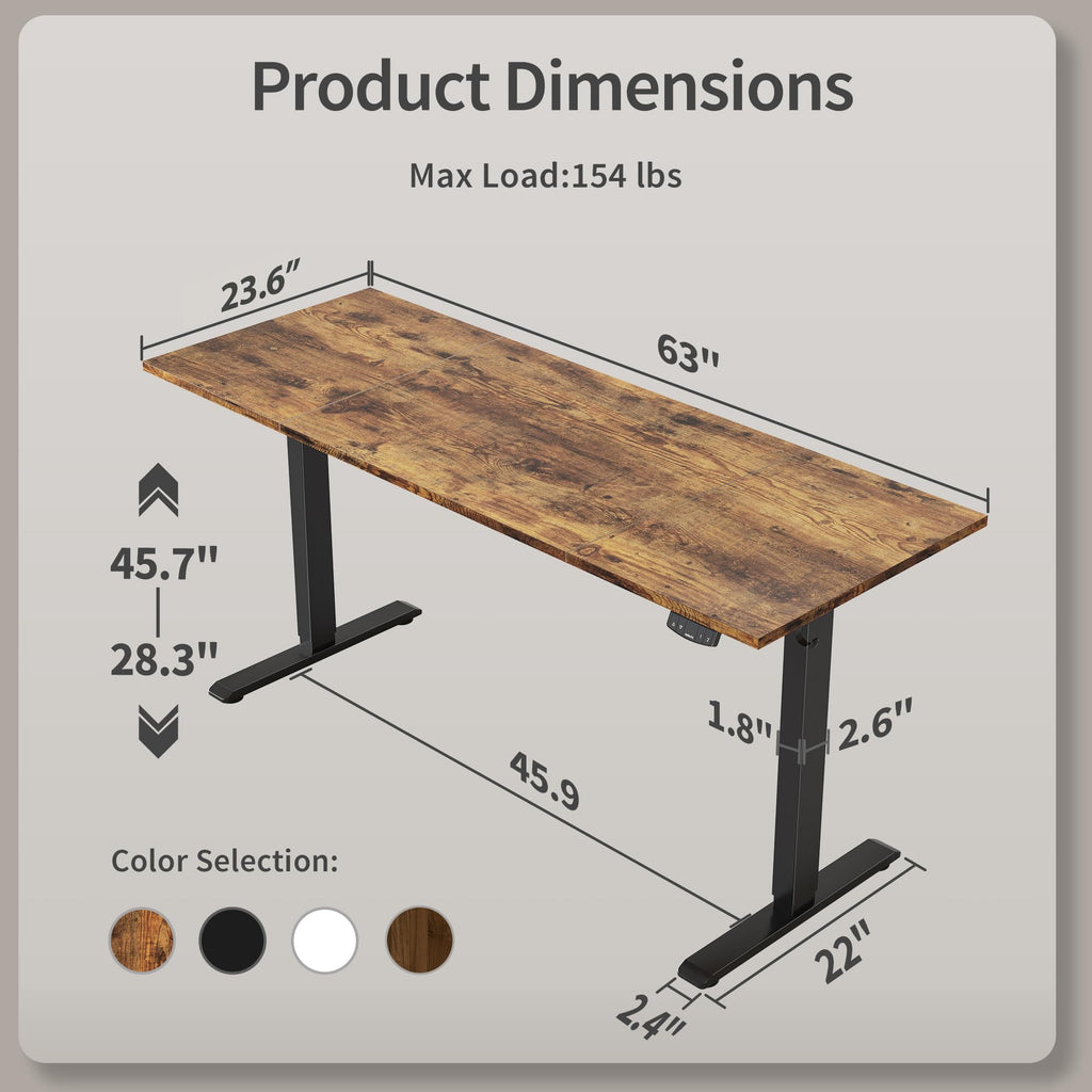 Electric Standing Desk, 63 x 24 Inches Height Adjustable Desk, Sit Stand up for Work Office Home, Ergonomic Rising Computer Table with Memory Preset, Rustic Brown