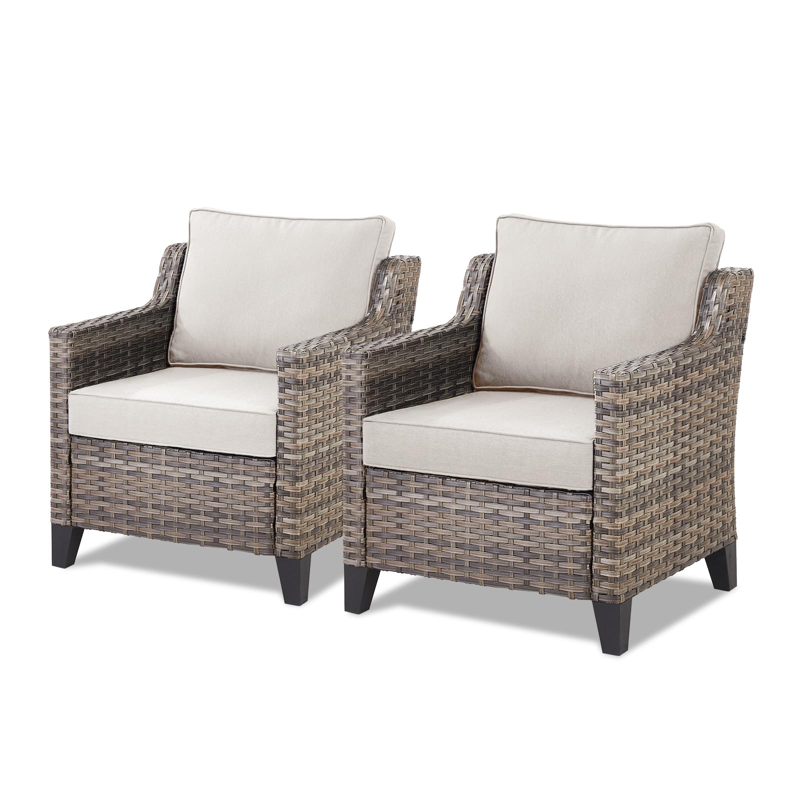 Patio Chairs Set of 2 - All Weather Rattan Wicker Outdoor Chairs with Thickened Cushions for Porch Deck Balcony Garden - Grey/Beige