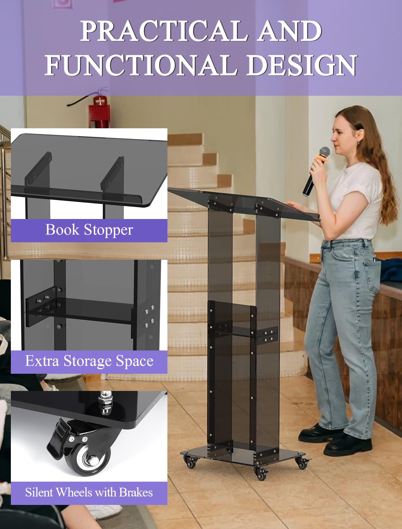 Podium Stand with Lockable Wheels, 47" Black Podium Lectern Floor Standing Speaking Podium Modern Church Pulpit with Storage Shelf for Office Wedding School Speech Concert
