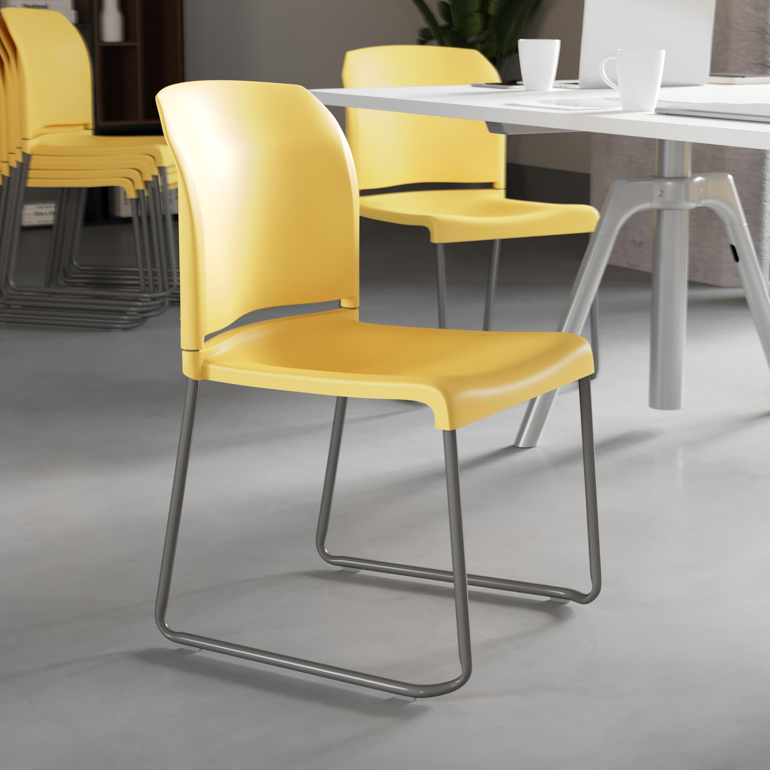 5 Pack, HERCULES Series  880 lb. Capacity Yellow Full Back Contoured Stack Chair with Gray Powder Coated Sled Base