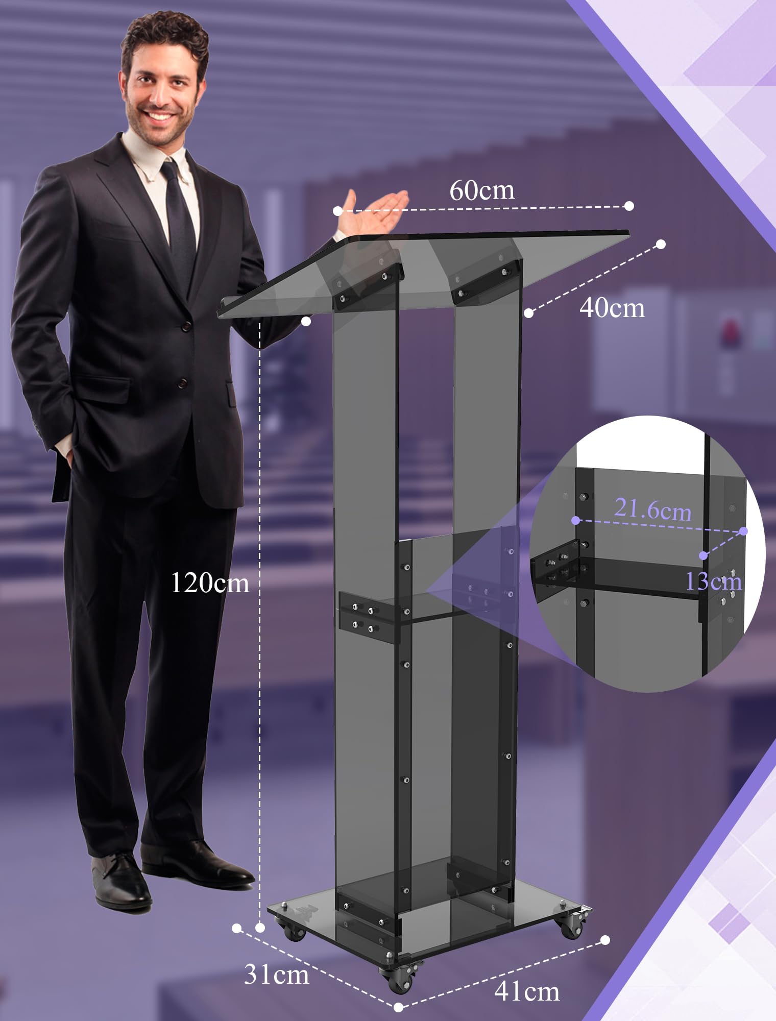 Podium Stand with Lockable Wheels, 47" Black Podium Lectern Floor Standing Speaking Podium Modern Church Pulpit with Storage Shelf for Office Wedding School Speech Concert
