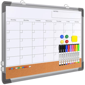 Monthly Calendar Whiteboard for Wall, 24x18 Inches Dry Erase Board with Cork Board Combo, Magnetic White Board, Double-Sided Hanging Portable Board for Office School Home Kitchen Planner Memo