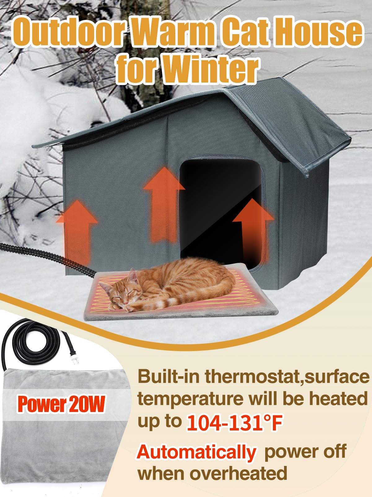 Weatherproof Heated Cat Houses for Outdoor Cats - Insulated Cat Shelter for Winter with Thermostatic Heating Pad and Escape Door, Warm Outside Pet House Gift for 1 Feral Cats (Small)