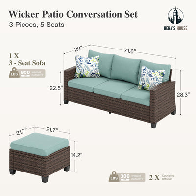 Small Patio Furniture Set, 3 Pieces Wicker Outdoor Sectional Set, L-Shaped Patio Couch Set, Modular Rattan Conversation Set with Lounge Sofa and Ottomans for Deck Lawn Garden, Blue