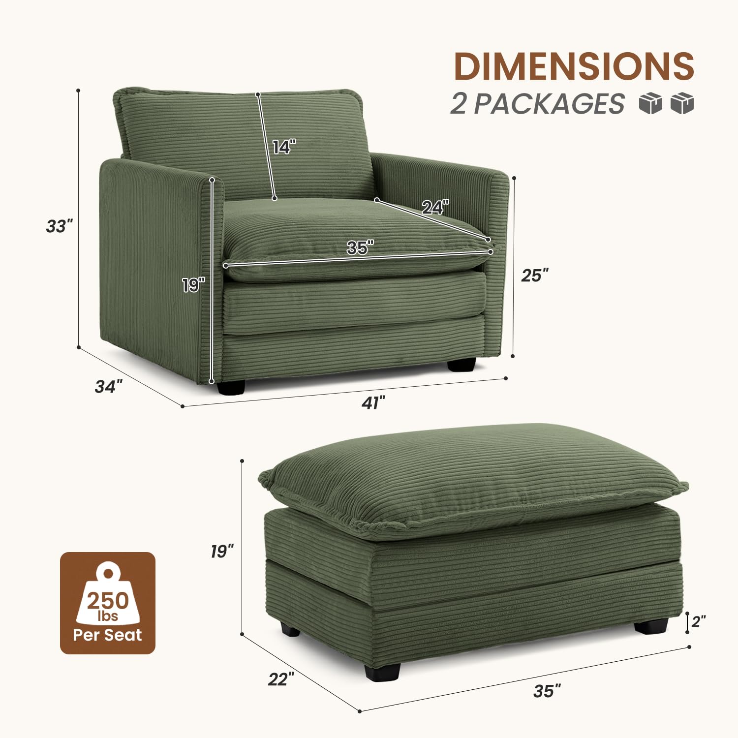 Single Armchair with Ottoman, Modern Corduroy Cloud Couch with Convertible Chaise, Upholstered Sofa Set for Living Room, Green