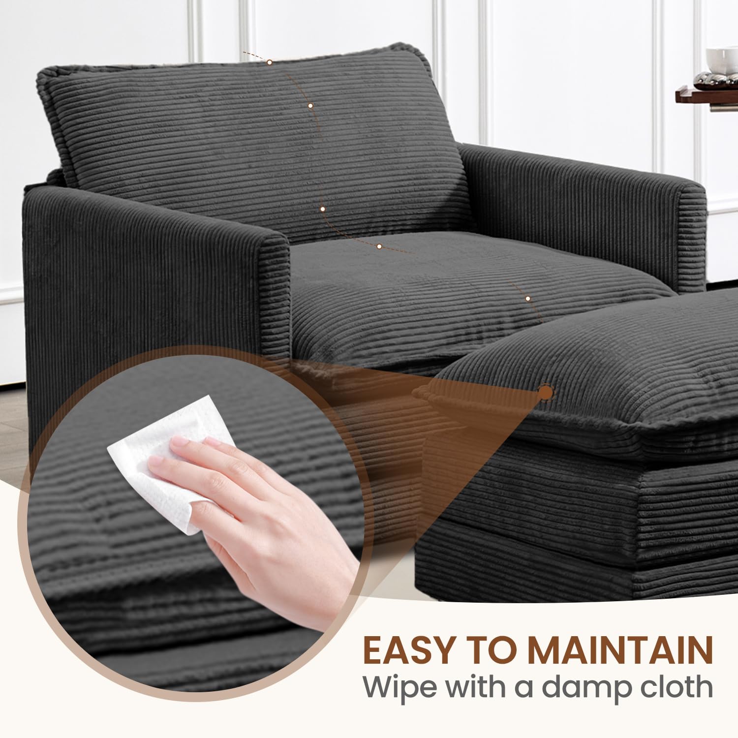 Single Armchair with Ottoman, Modern Corduroy Cloud Couch with Convertible Chaise, Upholstered Sofa Set for Living Room and Office, Dark Grey