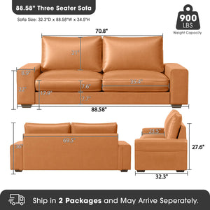 Faux Leather Couch, Mid Century Modern Comfy Loveseat Sofa with Wide Arm, Side Pockets, Solid Wooden Frame for Office, Living Room and Bedroom, 3 Seater (Brown, 88.58 inches)