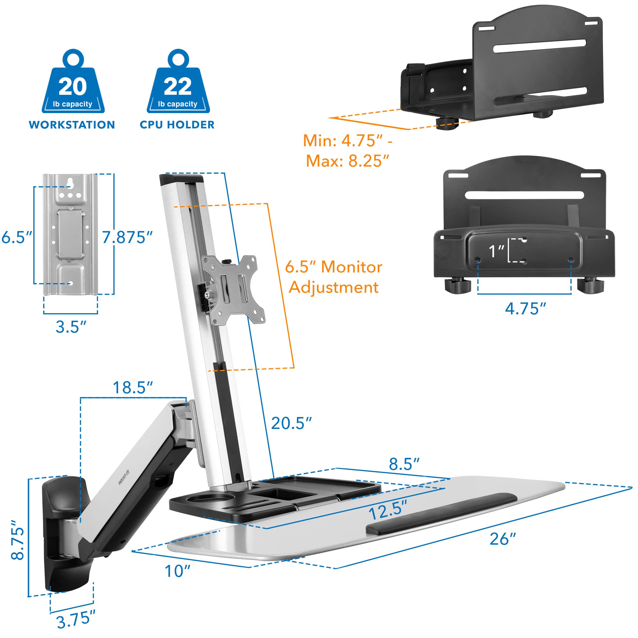 Sit Stand Wall Mount Workstation | Adjustable Height Stand Up Computer Station with Articulating Monitor Mount, Keyboard Tray, & CPU Holder | VESA Mount 75x75 and 100x100 | MI-7905