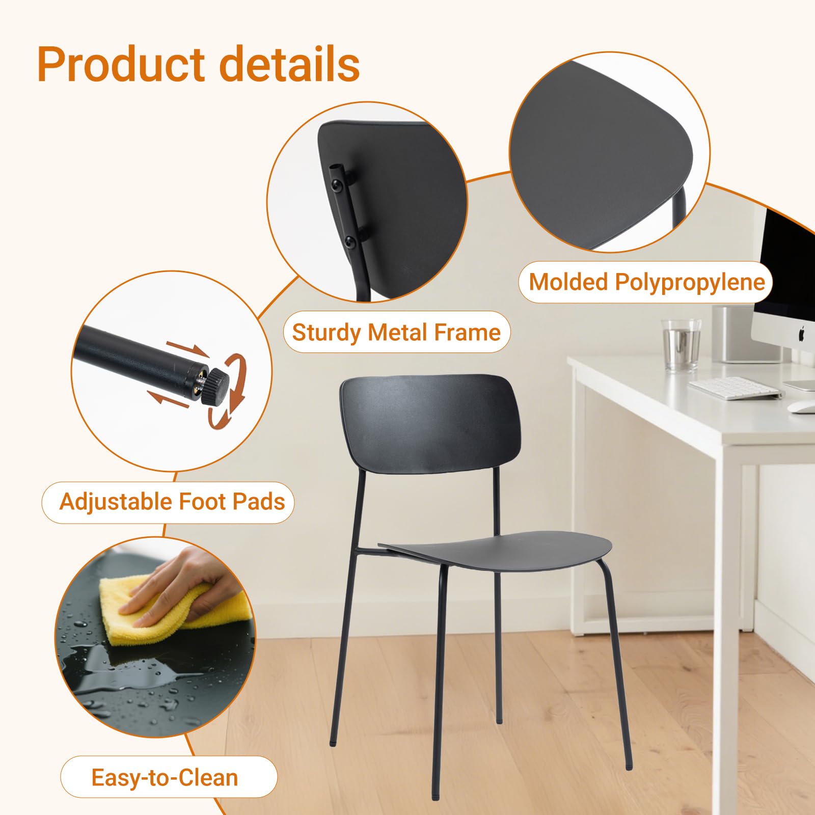 Stackable Chairs Set of 4, Waiting Room Chairs with Metal Legs and Ergonomic Plastic Seat, Stacking Office Chairs for Conference Reception Church Banquet, Black
