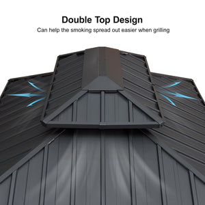 6.5' X 10' Hardtop Grill Gazebo for Patio Permanent Aluminum Barbeque Shelter Gazebo Canopy with Ceiling Hook and Shelves Double Tiered Grey Outdoor BBQ