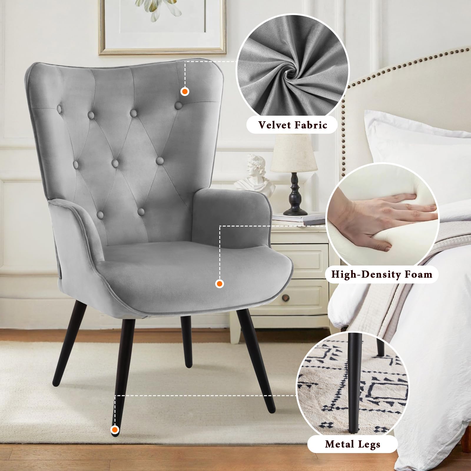 Velvet Accent Chair with Ottoman, Upholstered Reading Chair with High Backrest, Tufted-Button Wingback Armchair for Bedroom, Dressing Room, Home Office, Grey