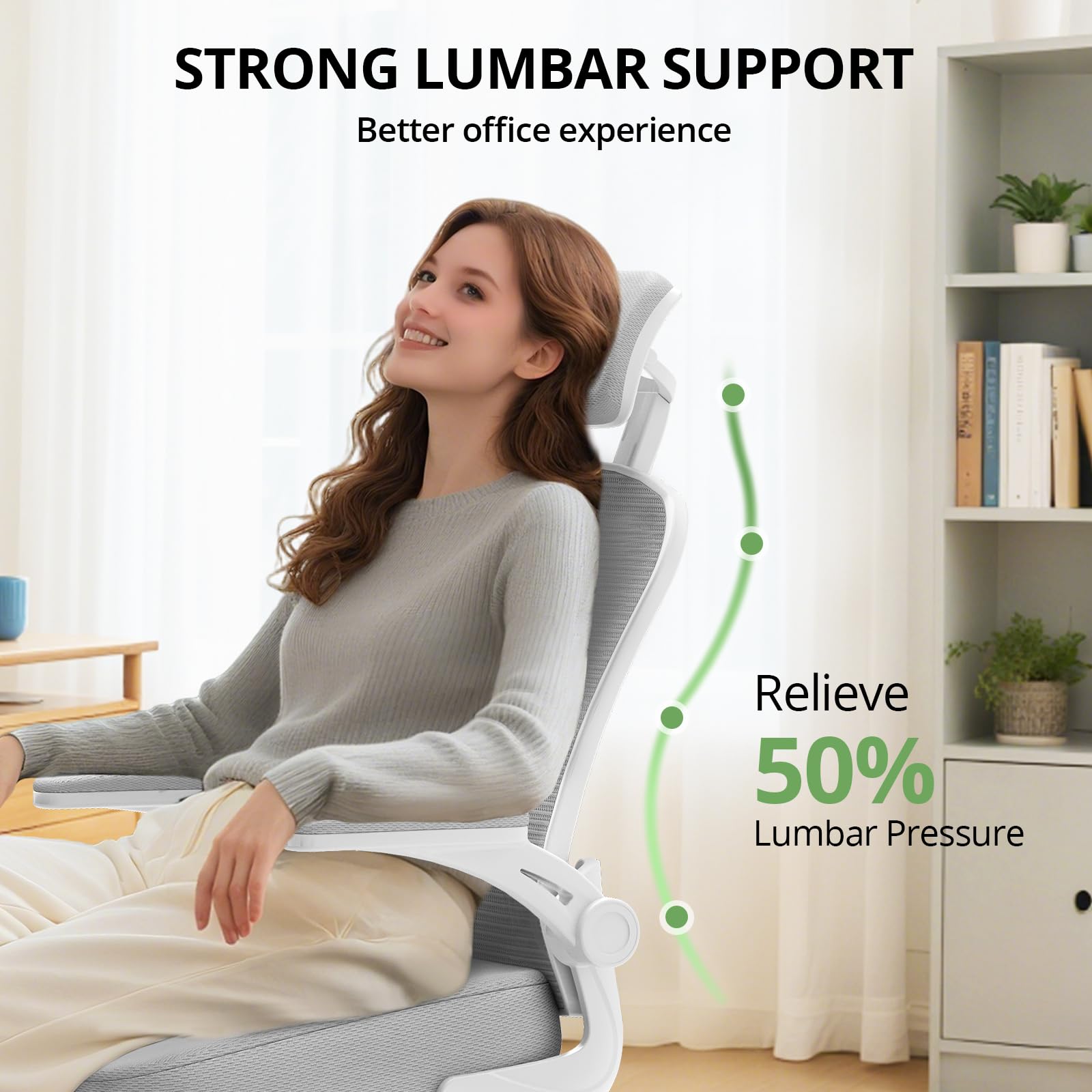 Office Chair Ergonomic Desk Chair, 330LBS Capacity, High Back Computer Design for Long Hours Comfort, Rolling Swivel for Home Office, Flip-up Armrests, White+Grey