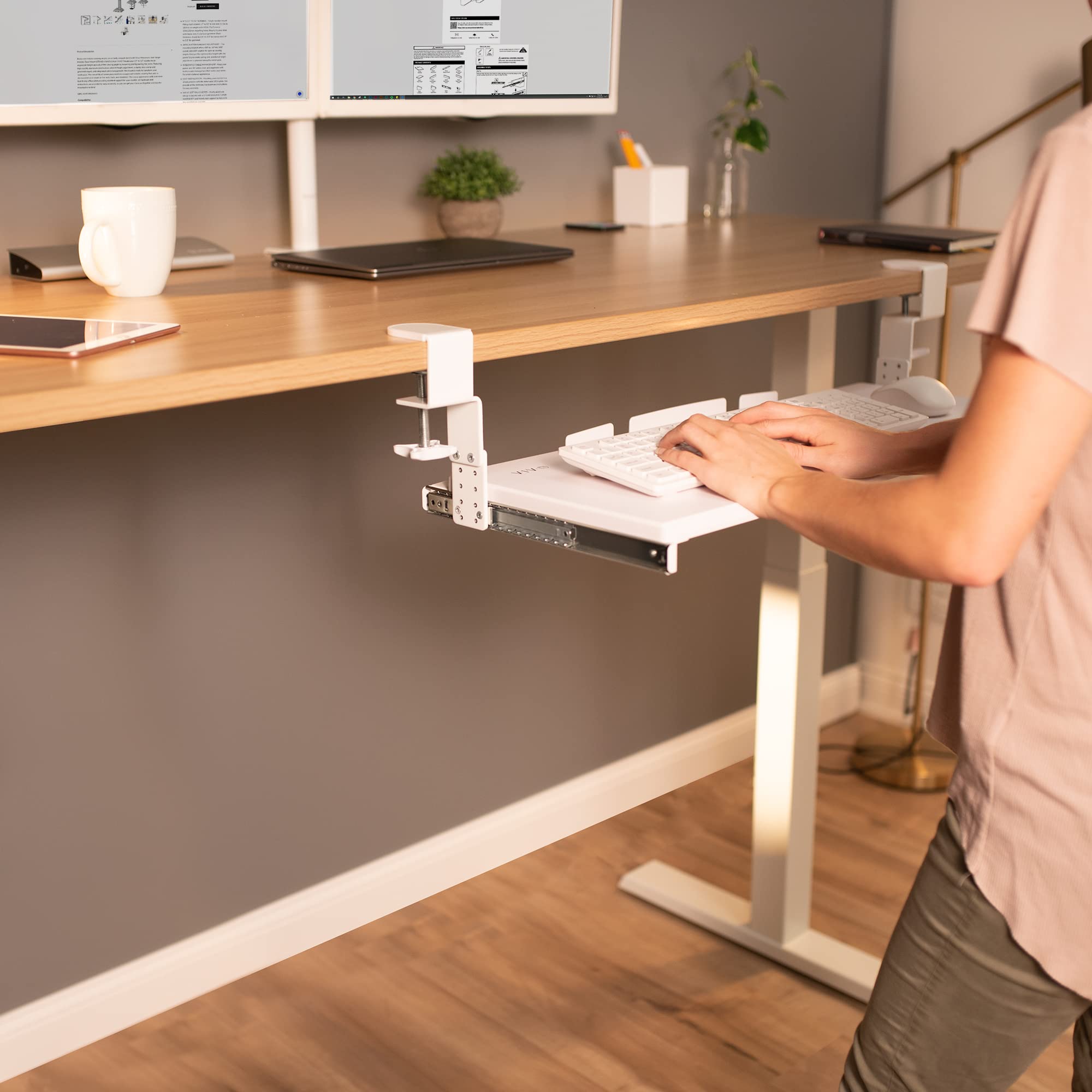 Large Height Adjustable Under Desk Keyboard Tray, C-clamp Mount System, 27 (33 Including Clamps) x 11 inch Slide-Out Platform for Typing, White, MOUNT-KB05HW